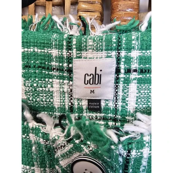 Cabi Library Women's MJacket Green White Black Plaid Tweed Blazer fringe hem - Picture 4 of 8